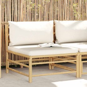 Sofá central para jardín bambú con cojines blanco crema