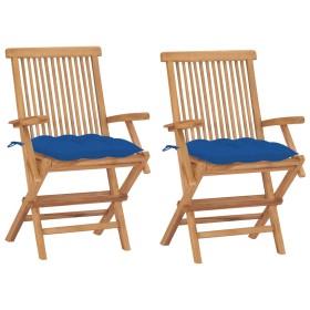 Sillas de jardín 2 uds madera maciza de teca con cojines azules de , Sillas de jardín - Ref: Foro24-3062512, Precio: 202,08 €...