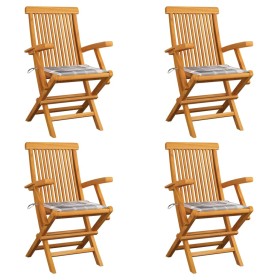 Sillas de jardín 4 uds madera teca con cojines a cuadros grises by , Garden chairs - Ref: Foro24-3065631, Price: 377,21 €, Di...