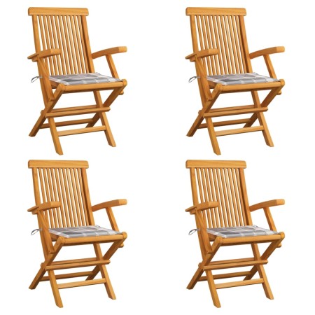 Sillas de jardín 4 uds madera teca con cojines a cuadros grises by , Garden chairs - Ref: Foro24-3065631, Price: 377,21 €, Di...