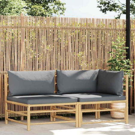 Set de muebles de jardín 2 piezas bambú y cojines gris oscuro