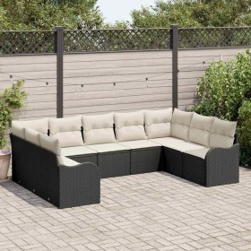 Conjunto de sofá de jardín con cojín 9 pcs Negro Poliratán