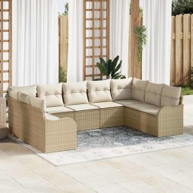 Conjunto de sofá de jardín con cojín 9 pcs Beige Poliratán