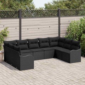 Conjunto de sofá de jardín con cojín 9 pcs Negro Poliratán