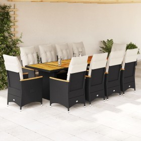 Set de mesa y sillas de jardín 11 pzas y cojines ratán PE negro