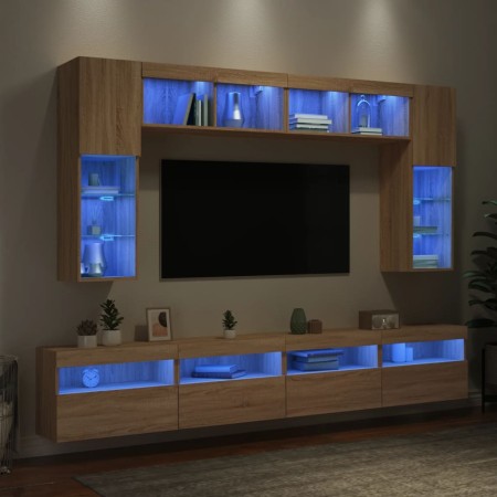 Muebles de TV de pared con luces LED 8 piezas roble sonoma de , Muebles TV - Ref: Foro24-3216766, Precio: 334,95 €, Descuento: %