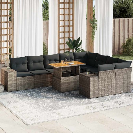 Set sofás jardín y cojines 10 pzas ratán sintético acacia gris de , Conjuntos de jardín - Ref: Foro24-3327420, Precio: 644,06 €