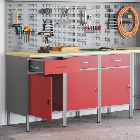 Gabinete de Trabajo 3 piezas Rojo y Gris de Madera y Acero de , Mesas de trabajo - Ref: Foro24-3321367, Precio: 400,34 €, Des...