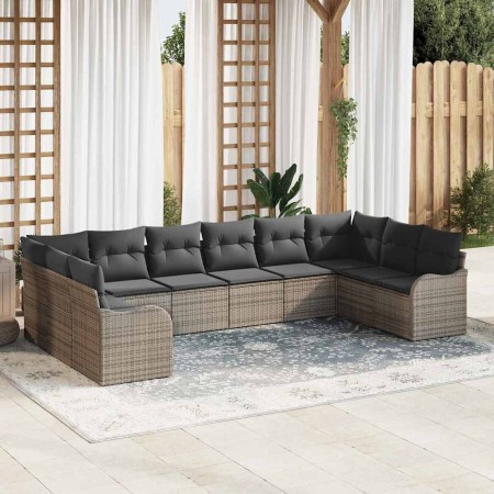 Conjunto de sofá de jardín con cojín 10 pcs Gris Poliratán