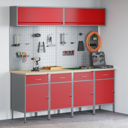 Set aus 10 Stück Arbeitsschrank und roter MDF- und Metallstiftplatte von , Arbeitstische - Ref: Foro24-3321487, Preis: 786,60...