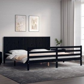 Bed frame with black solid wood headboard 200x200 cm by vidaXL, Beds and slatted bases - Ref: Foro24-3194530, Price: 193,96 €...