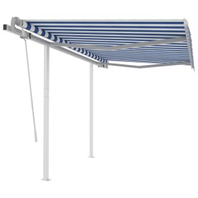 Toldo manual retráctil con postes azul y blanco 3,5x2,5 m