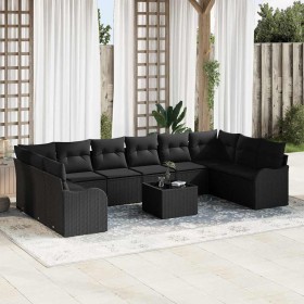 Conjunto de sofá de jardín con cojín 11 pcs Negro Poliratán