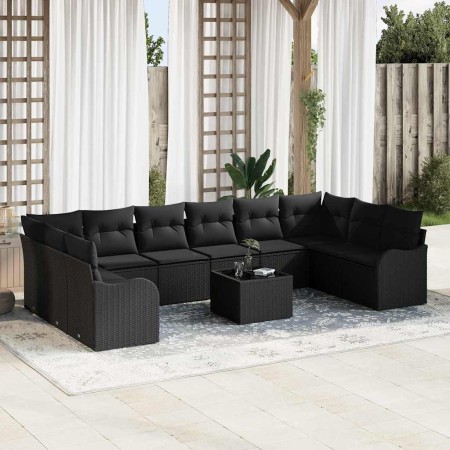 Conjunto de sofá de jardín con cojín 11 pcs Negro Poliratán