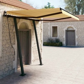 Manual retractable awning with yellow and white poles 3.5x2.5 m by vidaXL, Awnings - Ref: Foro24-3070118, Price: 323,08 €, Di...