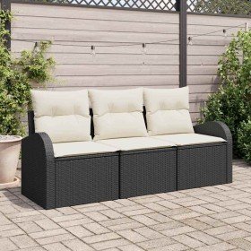 Conjunto de sofá de jardín con cojín 3 pcs Negro Poliratán Conjunto de sofá de jardín con cojín 3 pcs Negro Poliratán