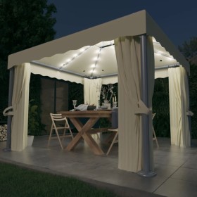 Cenador con cortina y tira de luces LED aluminio crema 3x3 m