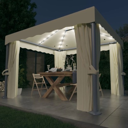 Cenador con cortina y tira de luces LED aluminio crema 3x3 m