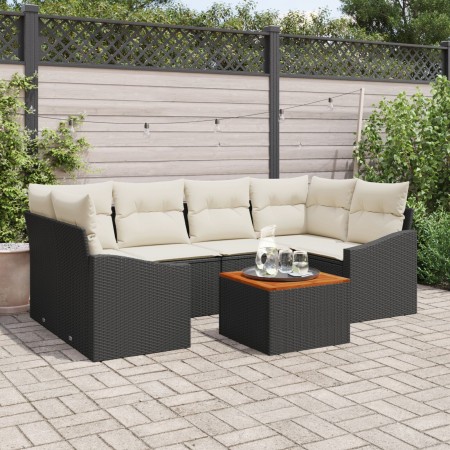 Conjunto de Sofás de 7 Piezas con Cojines Negros de Ratan Poliéster y Acacia von , Outdoor-Sofas - Ref: Foro24-3347782, Preis...