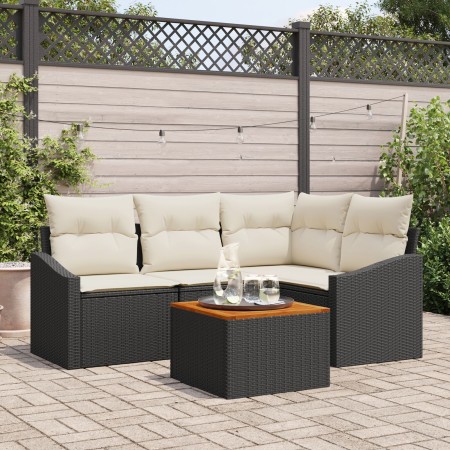 Juego de Sofás de Jardín de 5 Piezas con Cojines Negro Ratán Poliéster Acacia von , Outdoor-Sofas - Ref: Foro24-3347824, Prei...