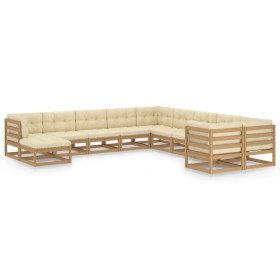 Set de muebles de jardín 11 pzs cojines madera pino marrón miel