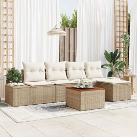 Juego de Sofás de Jardín de 6 Piezas con Cojines Beige de Ratán Polimérico y Acacia by , Outdoor sofas - Ref: Foro24-3347946,...