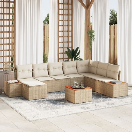 Juego de Sofá de Jardín de 9 Piezas con Cojines Beige de Polirratán y Acacia von , Outdoor-Sofas - Ref: Foro24-3348152, Preis...