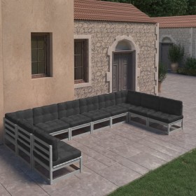 Set de muebles de jardín 10 pzas con cojines madera pino gris