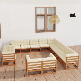 Set de muebles de jardín 13 pzs cojines madera pino marrón miel