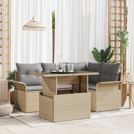 Conjunto de Sofá de Jardín de 5 Piezas con Cojines Beige de Ratán Poliéster by , Outdoor sofas - Ref: Foro24-3348276, Price: ...