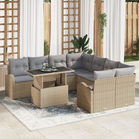 Set de Sofá de Jardín de 9 Piezas con Cojines Beige de Ratán Sintético by , Outdoor sofas - Ref: Foro24-3348616, Price: 597,2...