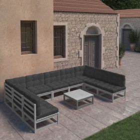 Set de muebles de jardín 10 pzas con cojines madera pino gris de vidaXL, Conjuntos de jardín - Ref: Foro24-3077201, Precio: 9...