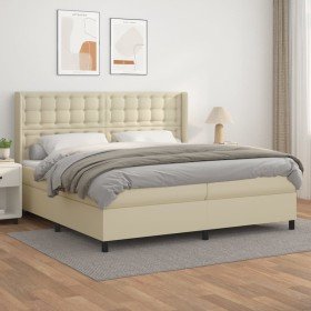 Cama box spring con colchón cuero sintético crema 200x200 cm Cama box spring con colchón cuero sintético crema 200x200 cm