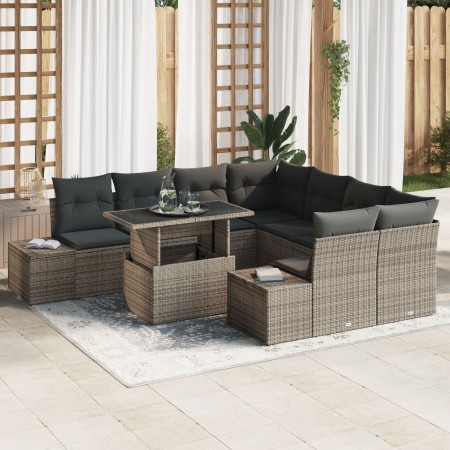 Conjunto de Sofá de Jardín de 9 Piezas con Cojines Gris Ratán Poliéster by , Outdoor sofas - Ref: Foro24-3349155, Price: 630,...