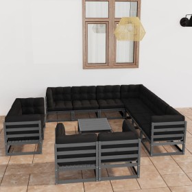 Set de muebles de jardín 12 pzas con cojines madera pino gris