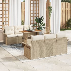 Conjunto de Sofá de Jardín de 7 Piezas con Cojines Beige Ratán Poliéster Acacia von , Outdoor-Sofas - Ref: Foro24-3349280, Pr...