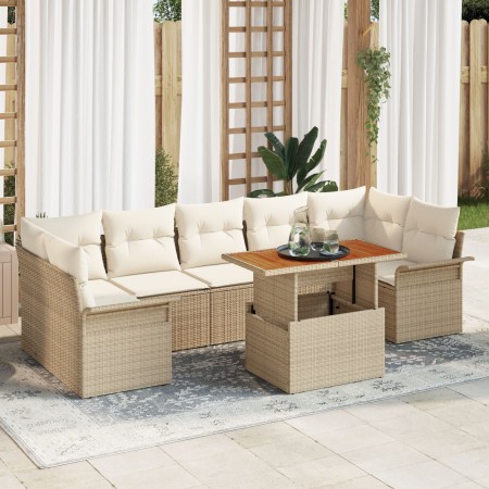 Juego de Sofá de Jardín de 8 Piezas con Cojines Beige Ratán Poli Acacia von , Outdoor-Sofas - Ref: Foro24-3349301, Preis: 610...