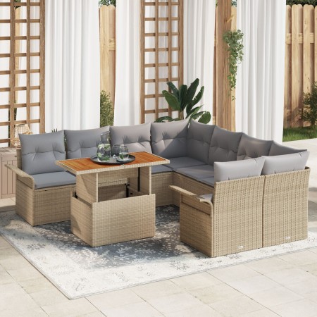 Conjunto de Sofá de Jardín de 9 Piezas con Cojines Beige Poliratán Acacia von , Outdoor-Sofas - Ref: Foro24-3349314, Preis: 5...