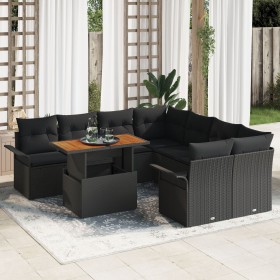 Set de Sofá de Jardín de 9 Piezas con Cojines Negro Ratán