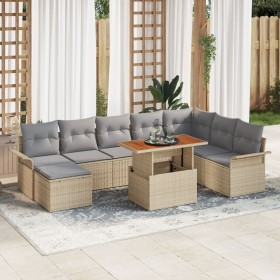 Conjunto de Comedor Jardín de 9 Piezas con Cojines Beige Ratán Poliéster Acacia de , Sofás de exterior - Ref: Foro24-3349370,...