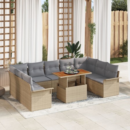 Conjunto de Comedor de Jardín de 10 Piezas con Cojines Beige Poliratán Acacia von , Outdoor-Sofas - Ref: Foro24-3349377, Prei...