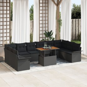 Juego de Comedor de Jardín de 11 Piezas con Cojines Negro Poliratán Acacia de , Sofás de exterior - Ref: Foro24-3349386, Prec...