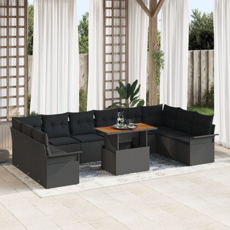 Juego de Comedor de Jardín de 11 Piezas con Cojines Negro Poliratán Acacia von , Outdoor-Sofas - Ref: Foro24-3349386, Preis: ...