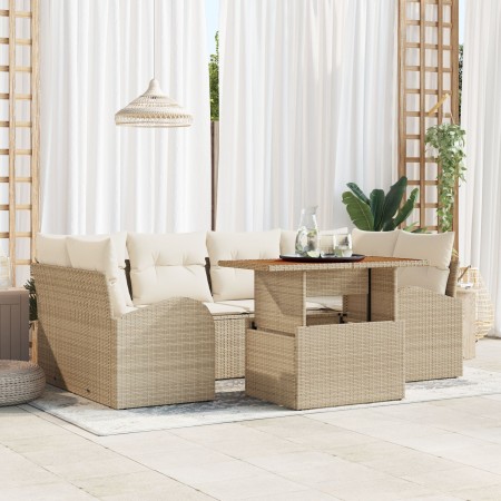 Juego de Comedor de Jardín de 7 Piezas con Cojines Beige Ratán Sintético Acacia von , Outdoor-Sofas - Ref: Foro24-3349539, Pr...