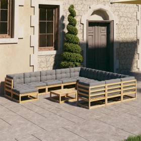 Set de muebles de jardín 12 pzas con cojines madera pino negro