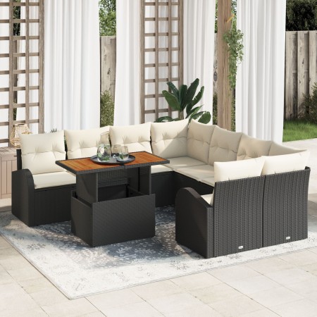 Conjunto de Comedor de Jardín de 9 Piezas con Cojines Negro de Ratán Sintético Acacia von , Outdoor-Sofas - Ref: Foro24-33495...