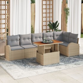 Conjunto de Comedor de Jardín de 7 Piezas con Cojines Beige Ratán Poliéster Acacia by , Outdoor sofas - Ref: Foro24-3349594, ...