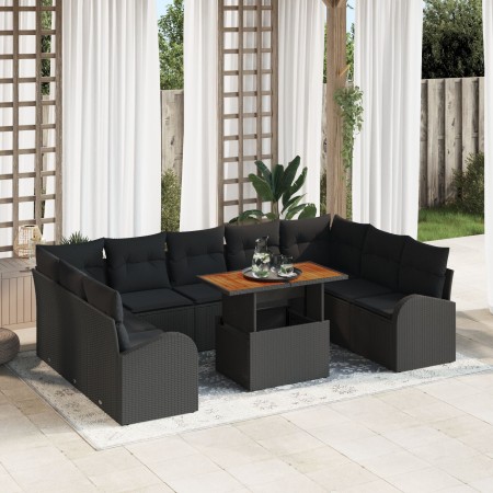 Set de Jardín de 10 Piezas con Cojines Negro Ratán Poli Acacia von , Outdoor-Sofas - Ref: Foro24-3349631, Preis: 668,19 €, Ra...