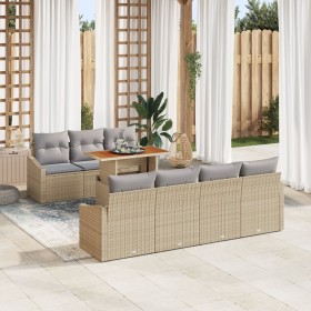 Juego de Comedor de Jardín de 8 Piezas con Cojines Beige Ratán Poli Acacia de , Sofás de exterior - Ref: Foro24-3349797, Prec...