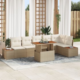 Conjunto de Sofá de Jardín Set de 7 Beige Ratán, Madera, Poliéster de , Sofás de exterior - Ref: Foro24-3350078, Precio: 526,...